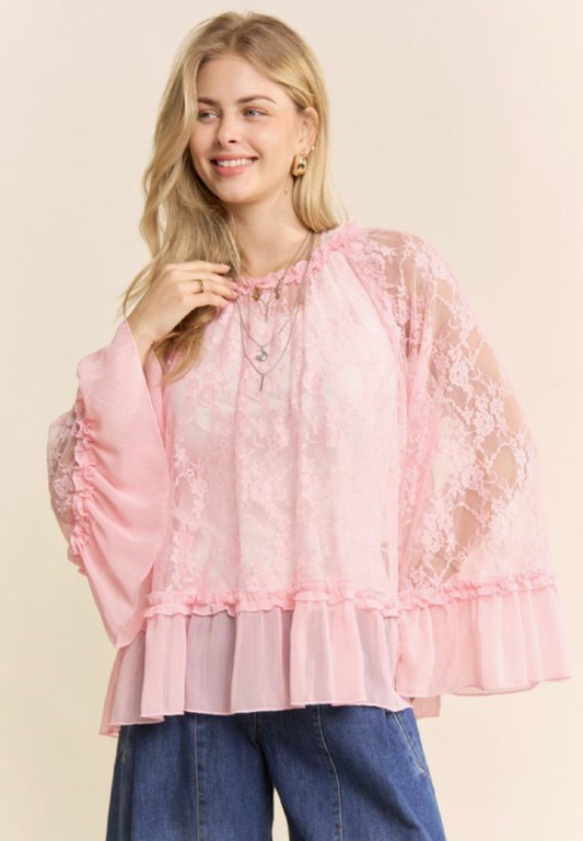 Bell Sleeve Lace Blouse - Pink