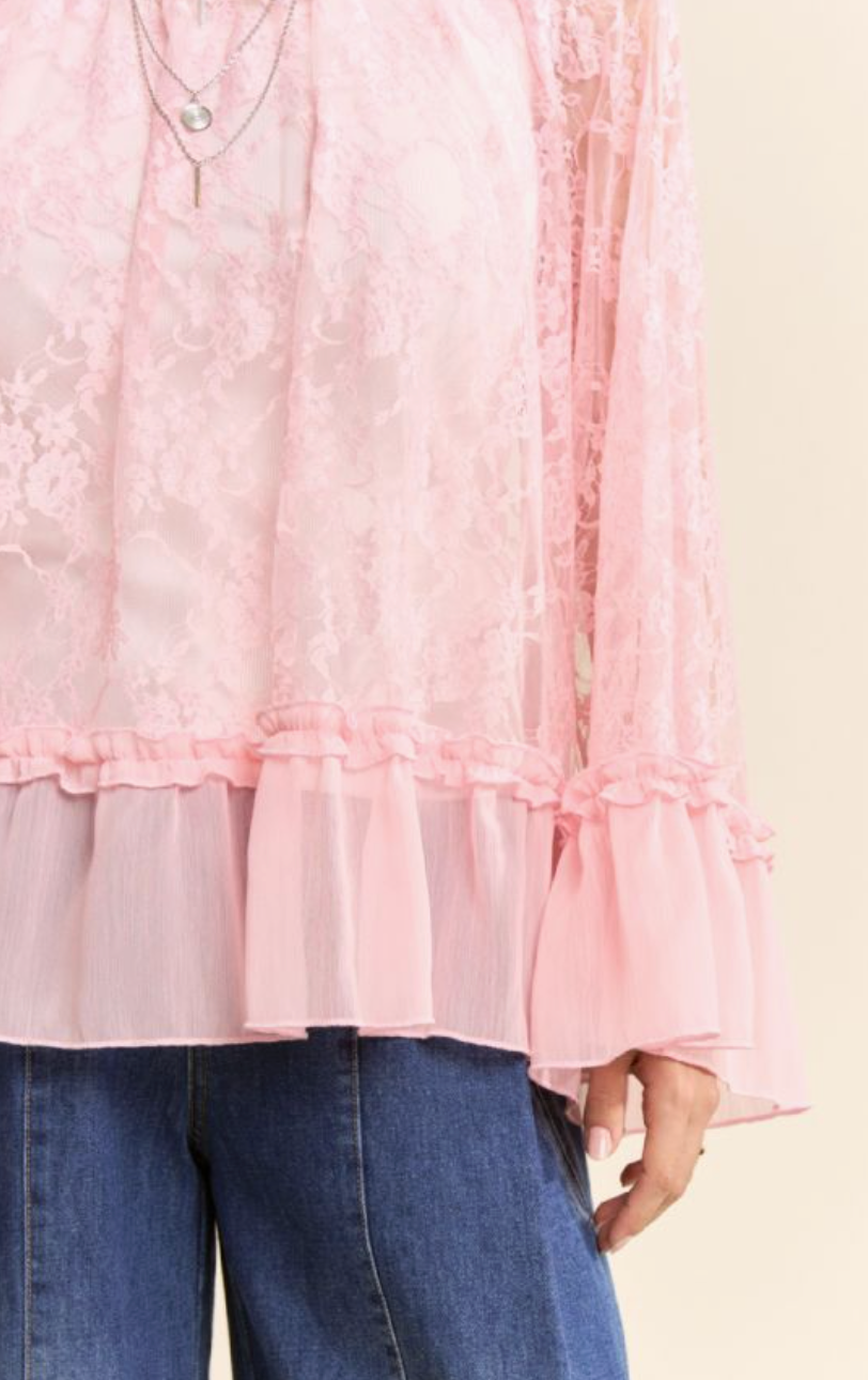 Bell Sleeve Lace Blouse - Pink