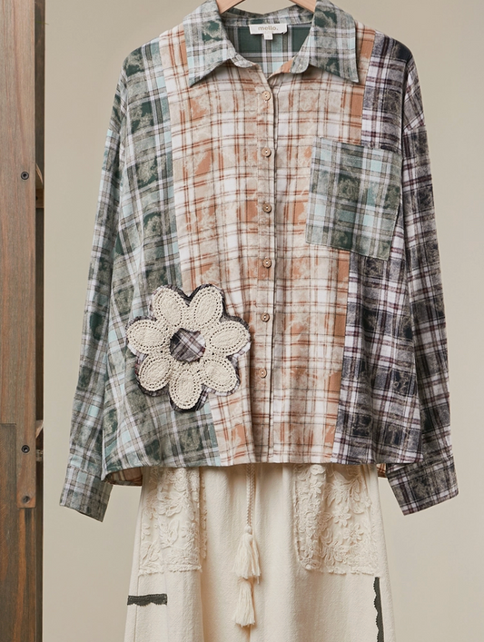 Floral Plaid Flannel-Like Shirt