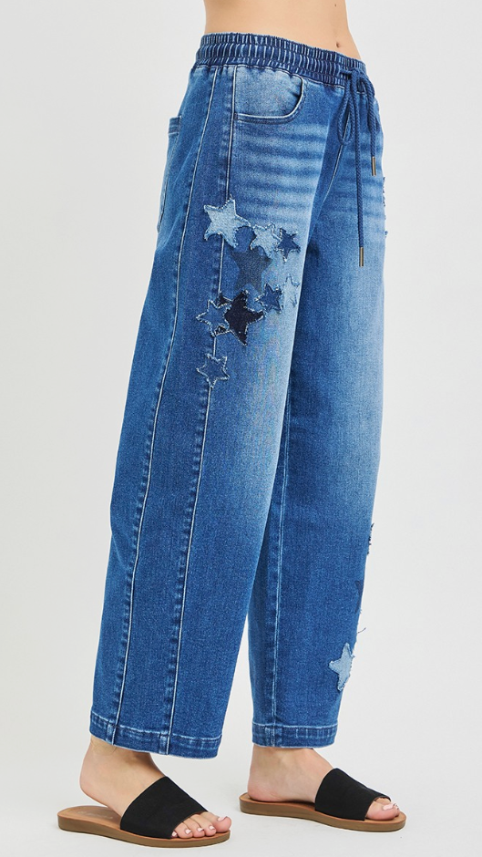 Star Patch Elastic Waist Jeans