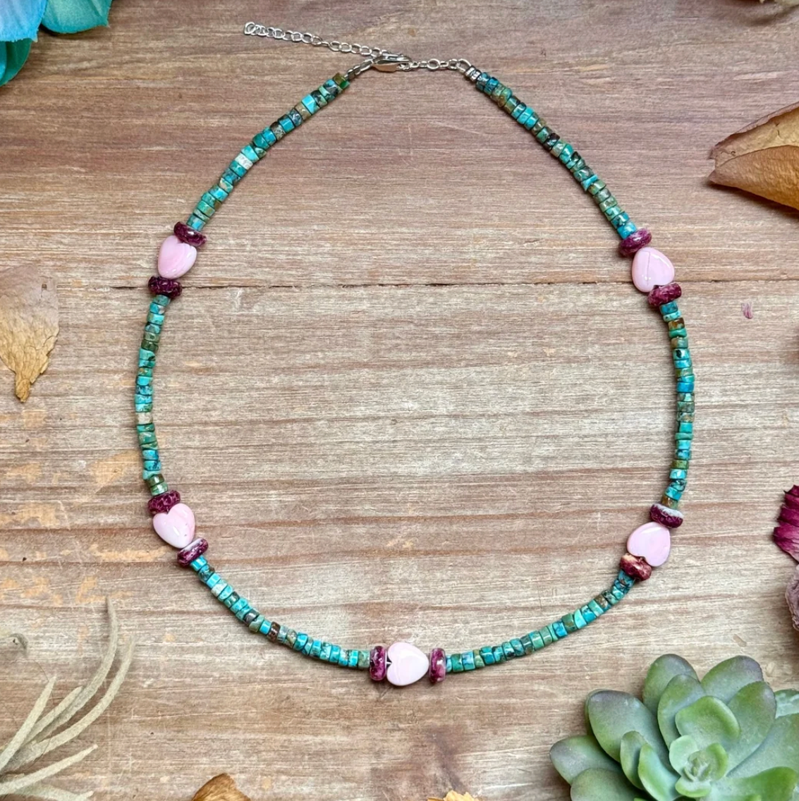 Turquoise, Purple Spiny & Pink Conch Necklace 16 Inch