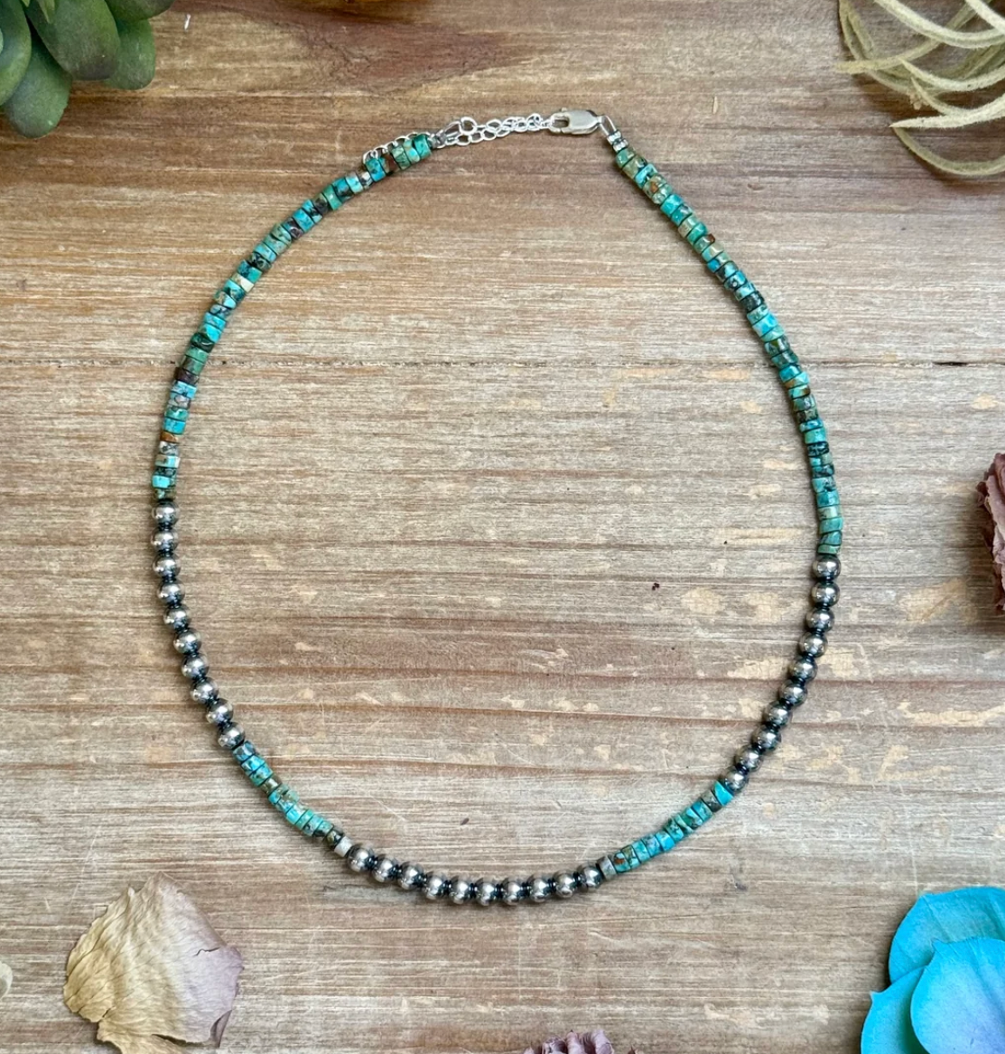 Turquoise Heishi & Sterling Silver Necklace 15 Inches