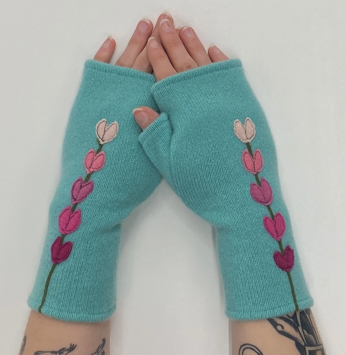 Cashmere Fingerless Gloves - Aqua w/ Pink Heart Lupine